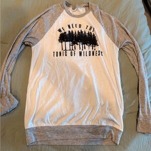 Gray and White Long Sleeve Tee with Graphic Design